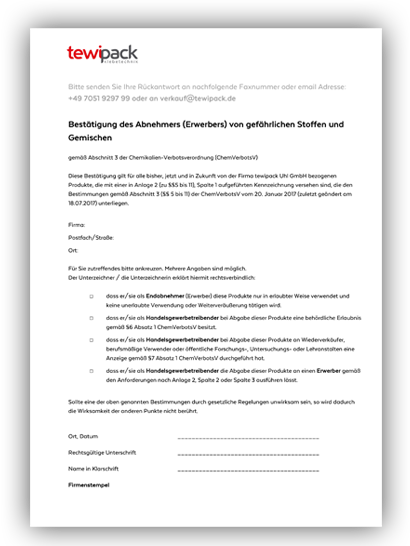 Chemikalien-Verbotsverordnung Bestätigungsformular