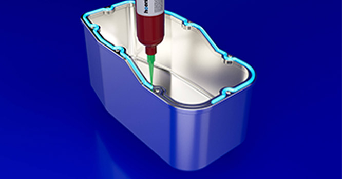 Hoenle Vitralit® CIPG – Präzise Dosierapplikation einer Flüssigdichtung entlang der Gehäusekontur Präzise Dosierapplikation mit Hoenle-System und Vitralit CIPG zur umlaufenden Flüssigdichtung eines Gehäuses