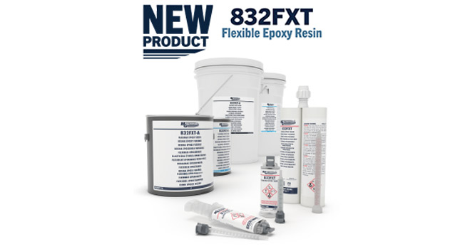 Neues 832FXT Flexibles Epoxidharz von MG Chemicals Produktabbildung des neuen flexiblen Epoxidharzes 832FXT von MG Chemicals. Dargestellt sind verschiedene Verpackungsgrößen und Kartuschen vor hellem Hintergrund mit dem Hinweis „New Product“.